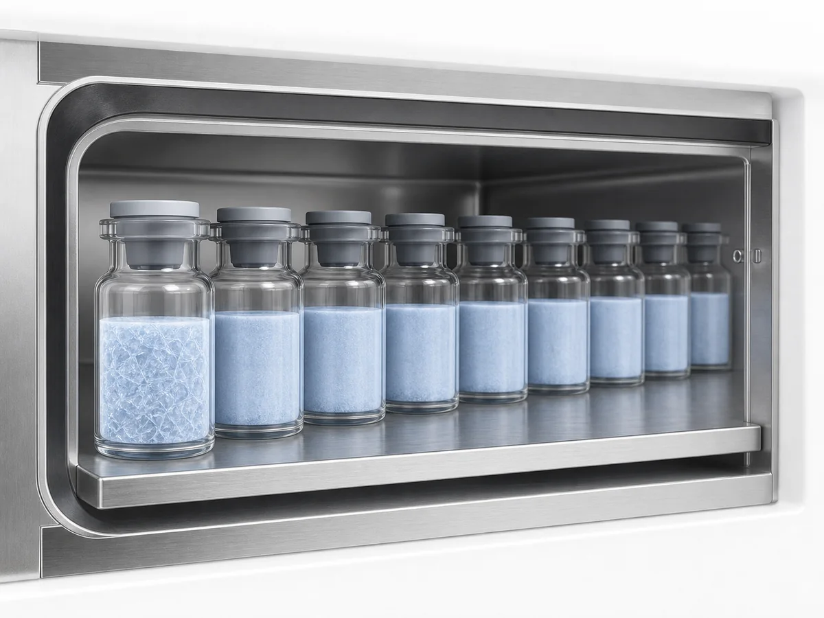 Peptide formulation frozen in partially stoppered vials on a lyophilizer shelf