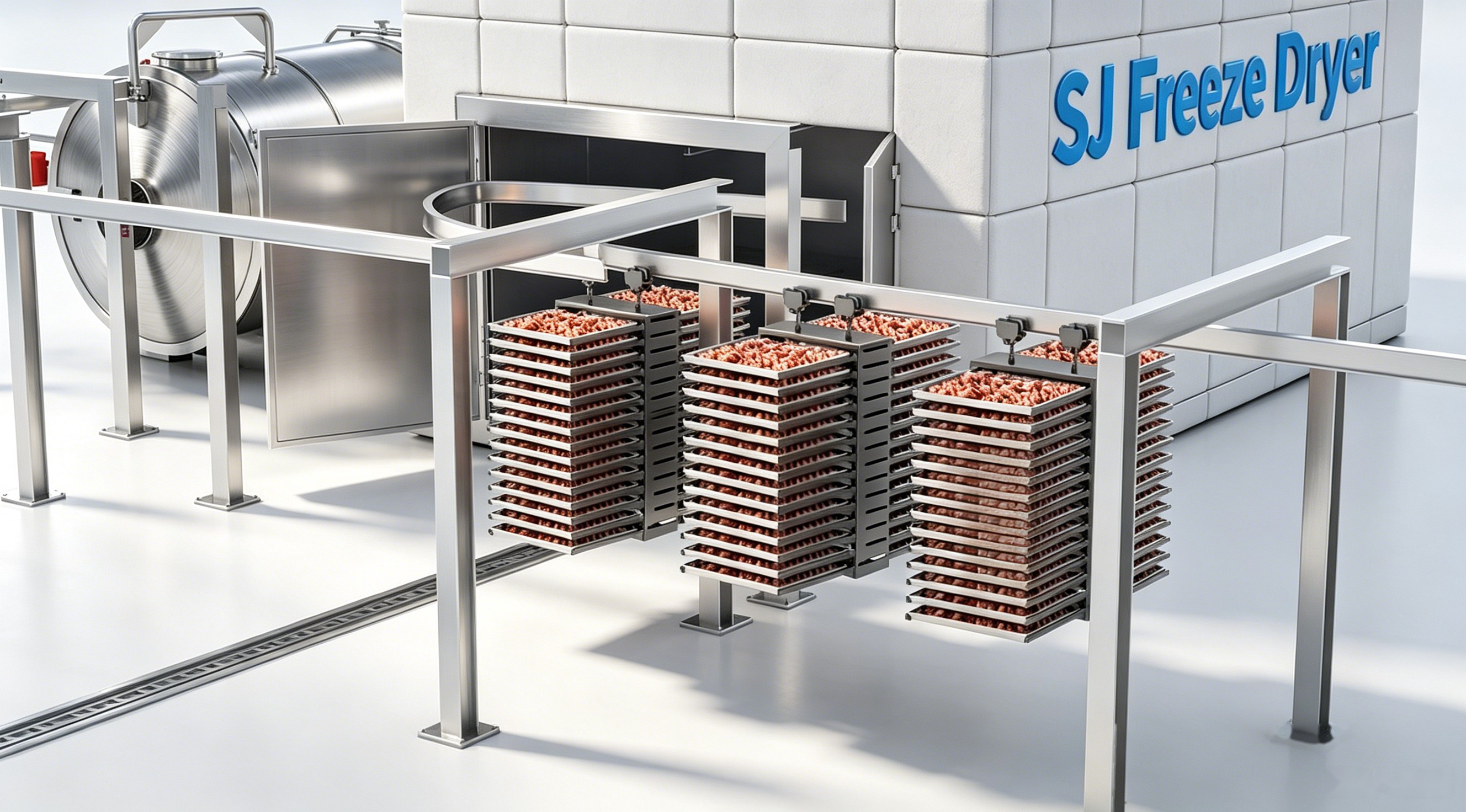 SJ-FFD-130 industrial food freeze dryer, vegetable and herb loading, large food lyophilizer chamber, tray-cart arrangement, vacuum and refrigeration equipment