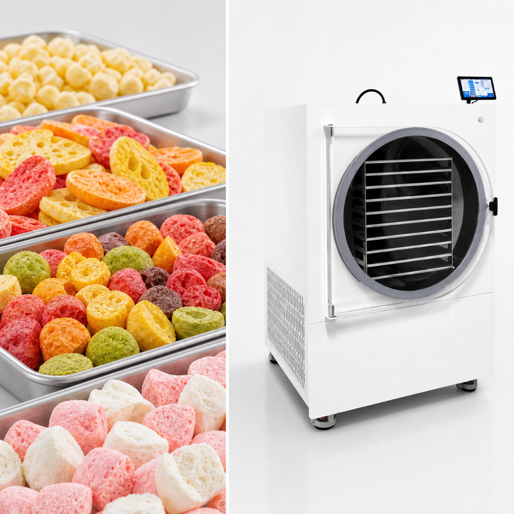 SJ-50H commercial freeze dryer application illustration for candy and snack production