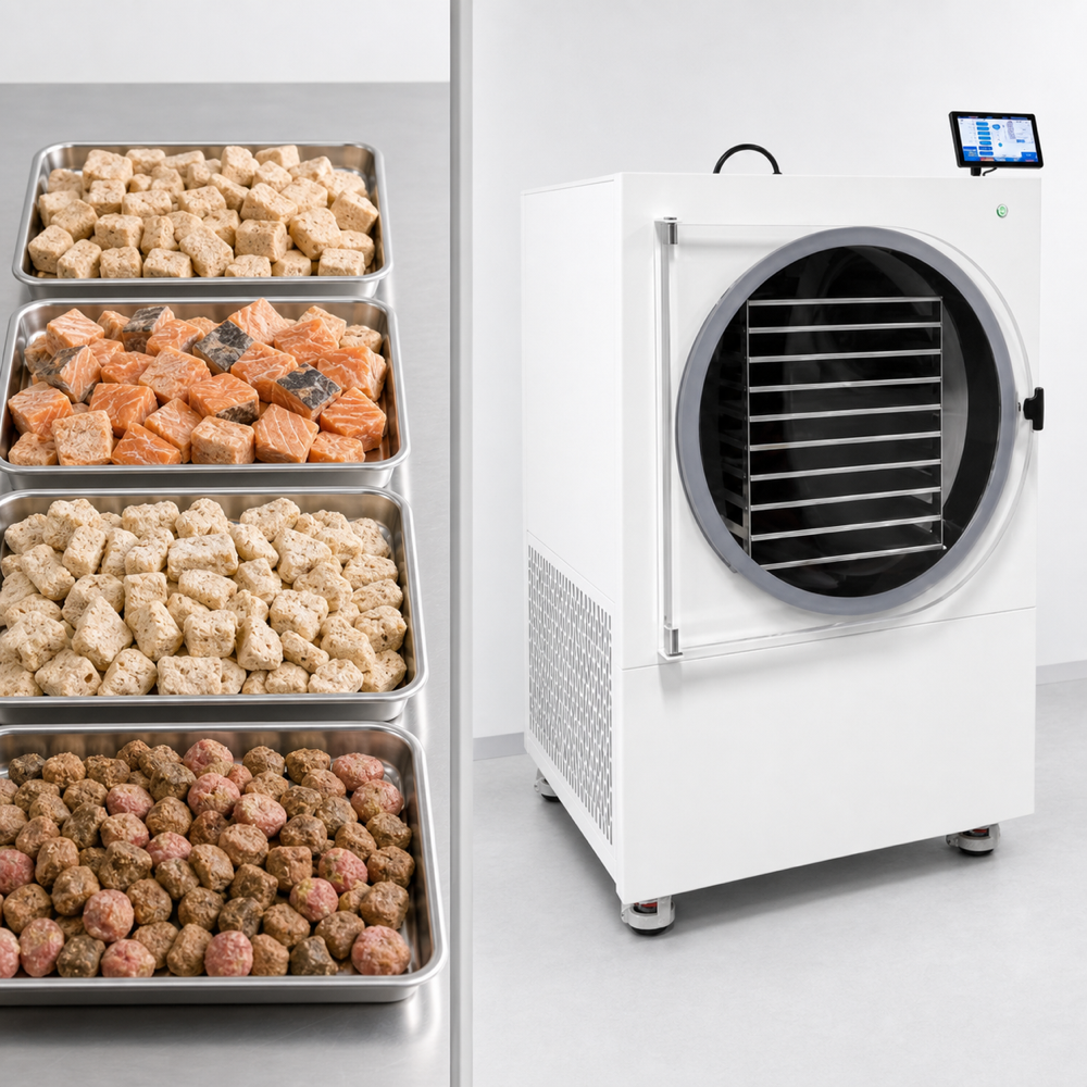 SJ-50H pet food freeze dryer application illustration for meat and pet treat batches