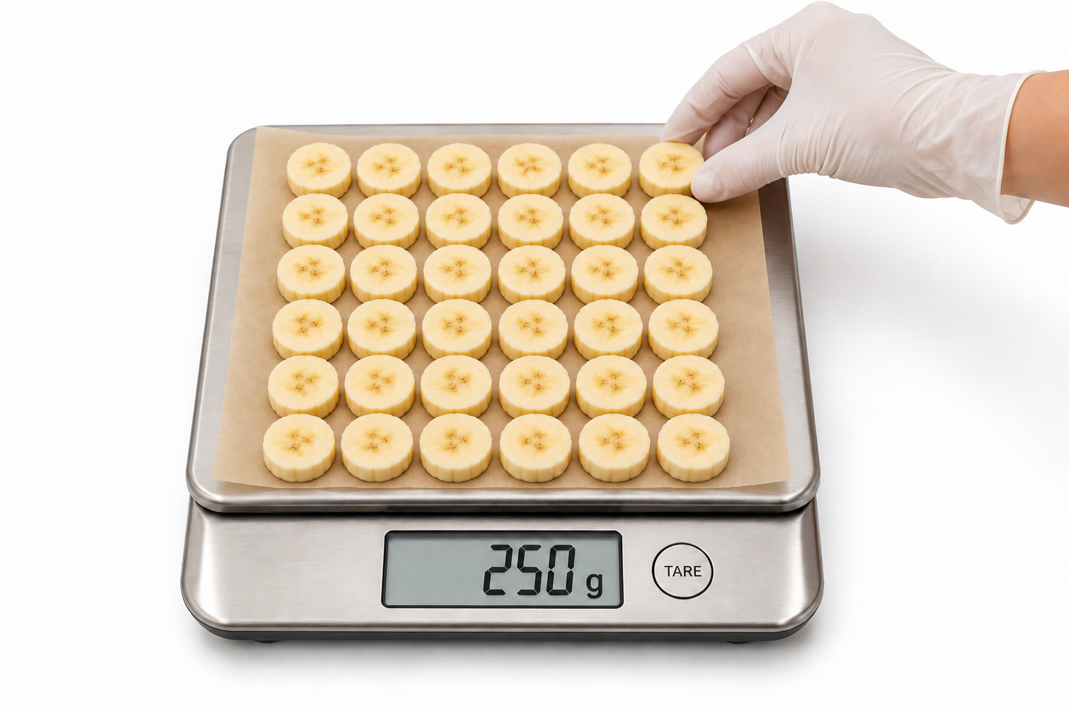 Illustrative banana-slice weighing example; 250 g is an assumed net sample weight
