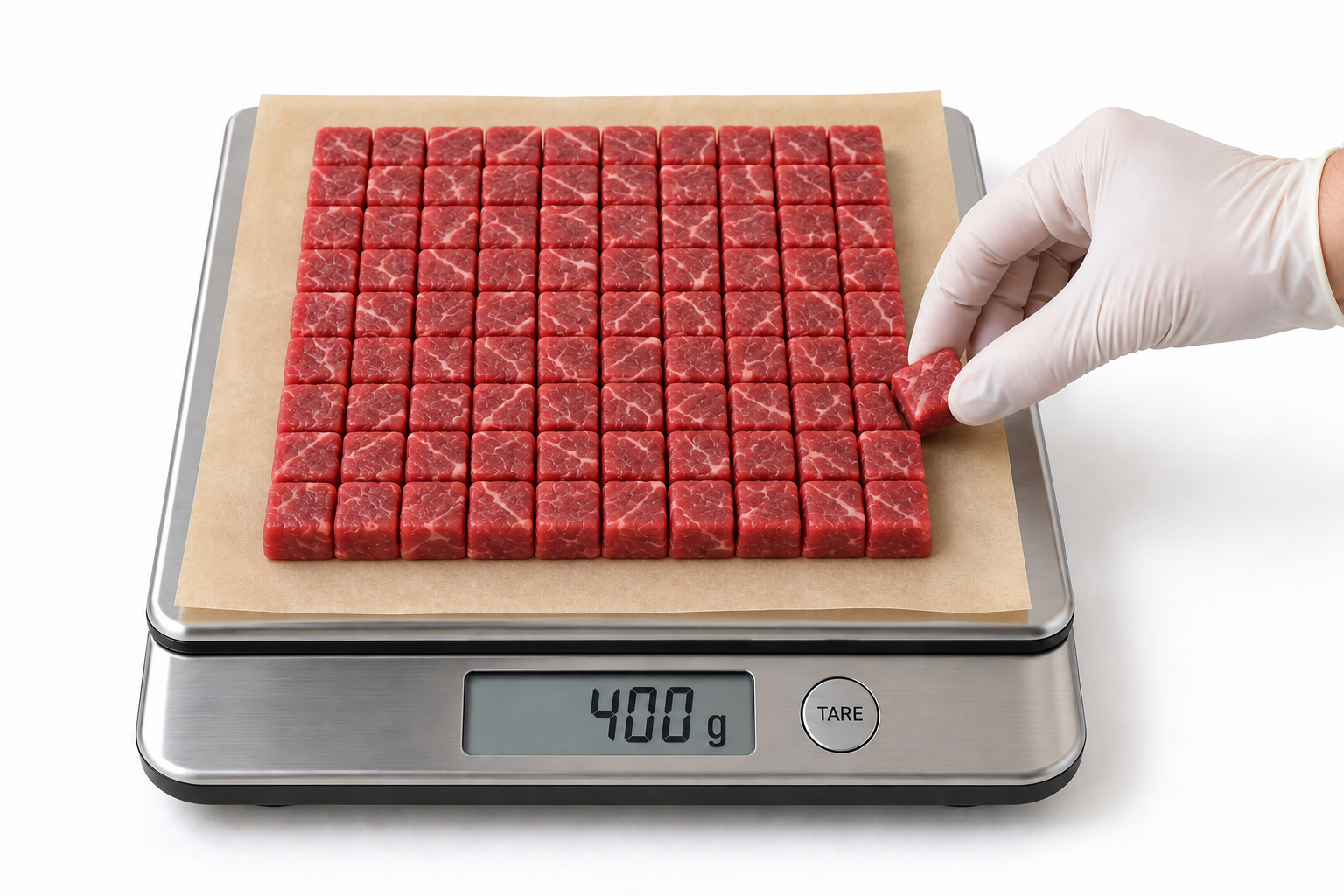 Illustrative close-packed meat sample; 400 g is an assumed weight