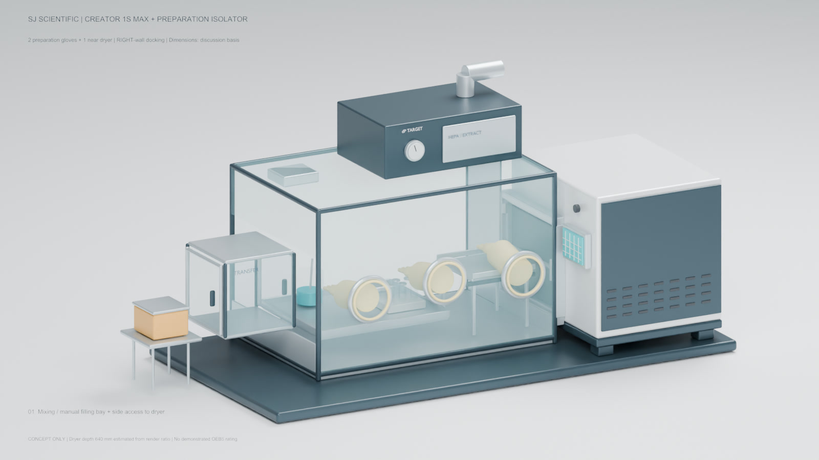 Rev. G design concept: a two-glove preparation area on the left and one glove near the right-wall lyophilizer interface.