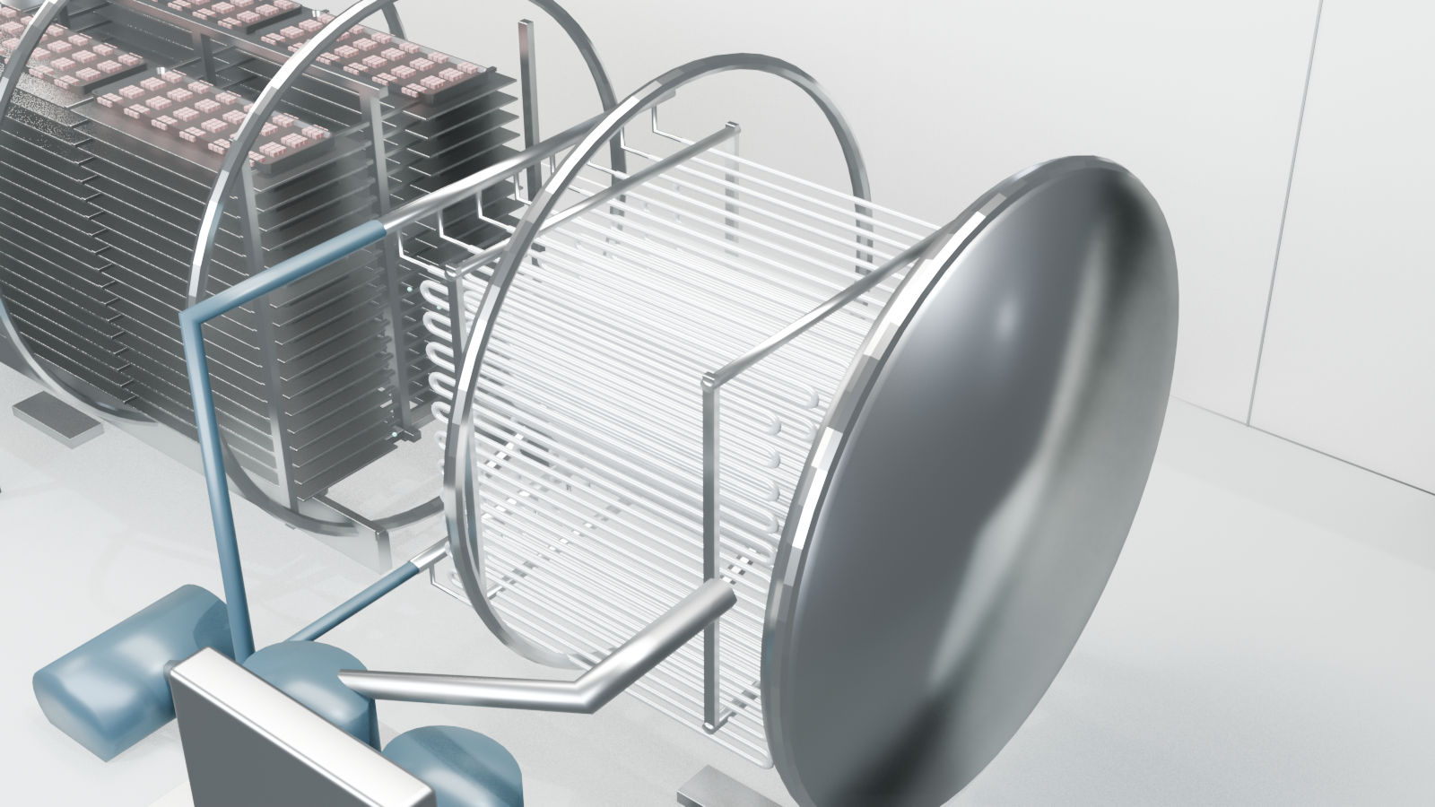 3D cutaway concept of refrigerated rear coils capturing vapor inside an FFD freeze dryer