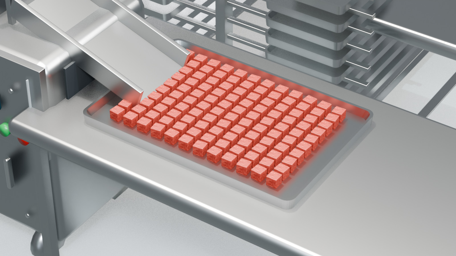 3D process concept of diced meat in shallow trays before pet-food freeze drying