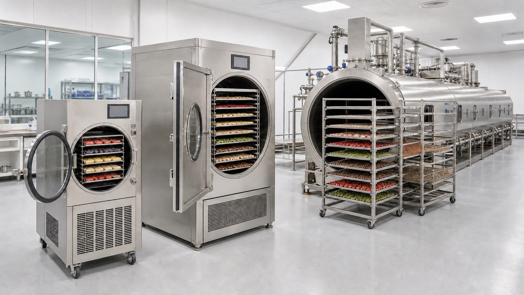 Commercial and industrial food freeze dryer scale-up from cabinet units to an FFD production line