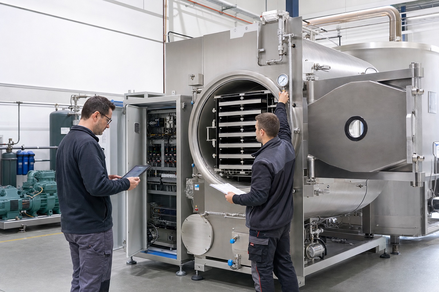 Engineers conducting a factory acceptance test on a pharmaceutical freeze dryer