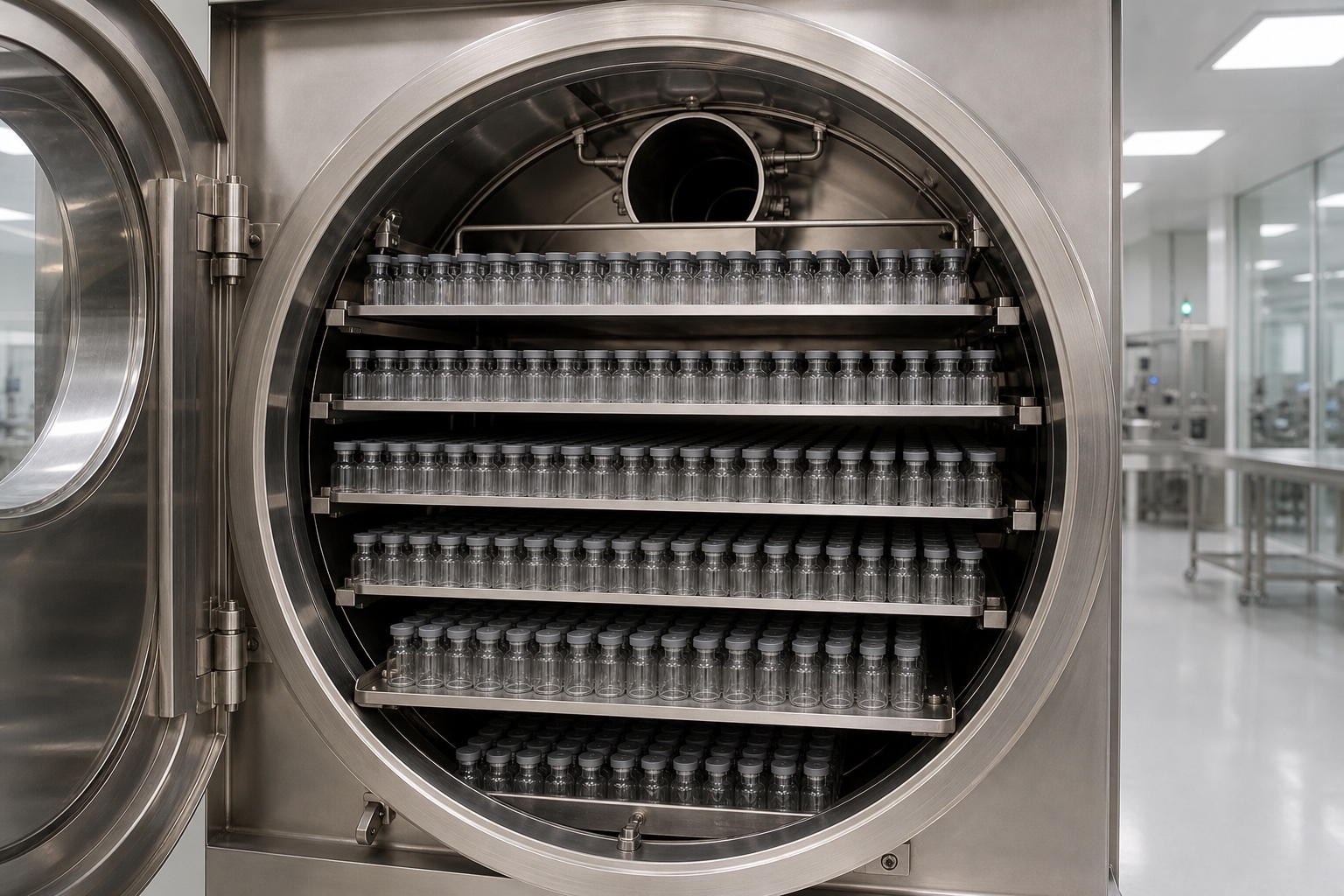 Industrial pharmaceutical lyophilizer chamber loaded with glass vials