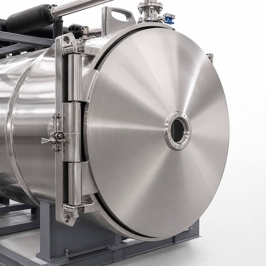 Circular vacuum chamber door on an industrial food freeze dryer
