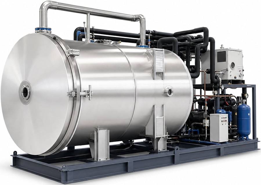 Industrial food freeze dryer with cylindrical vacuum chamber and refrigeration vacuum skid