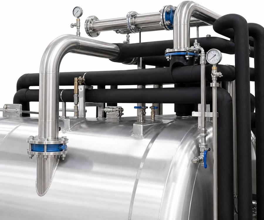 Insulated process piping on an industrial food freeze dryer
