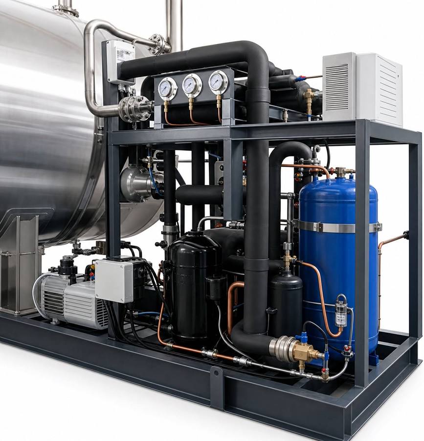 Refrigeration and vacuum skid for an industrial food freeze dryer