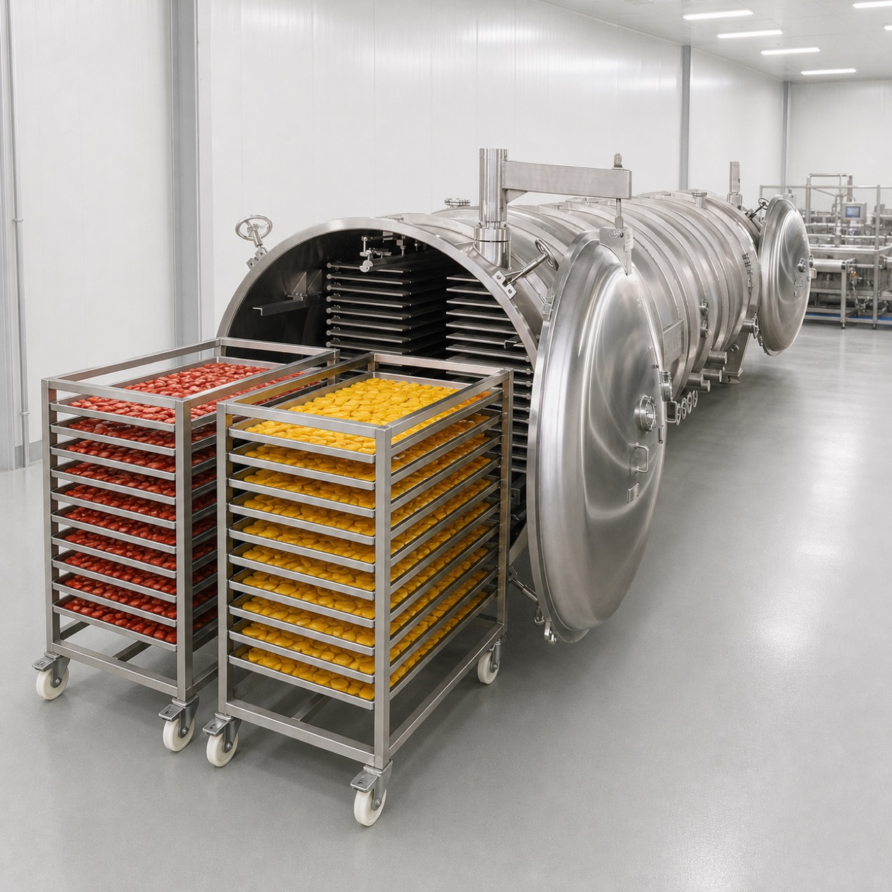 fruit loading carts at an industrial food freeze dryer line
