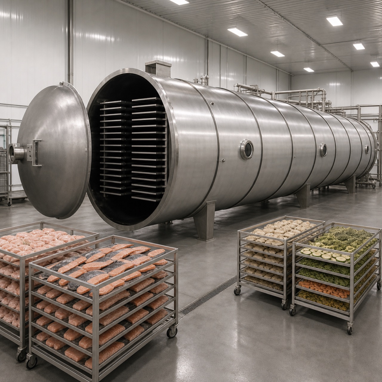 industrial pet food and protein freeze dryer with meat fish and treat loading carts