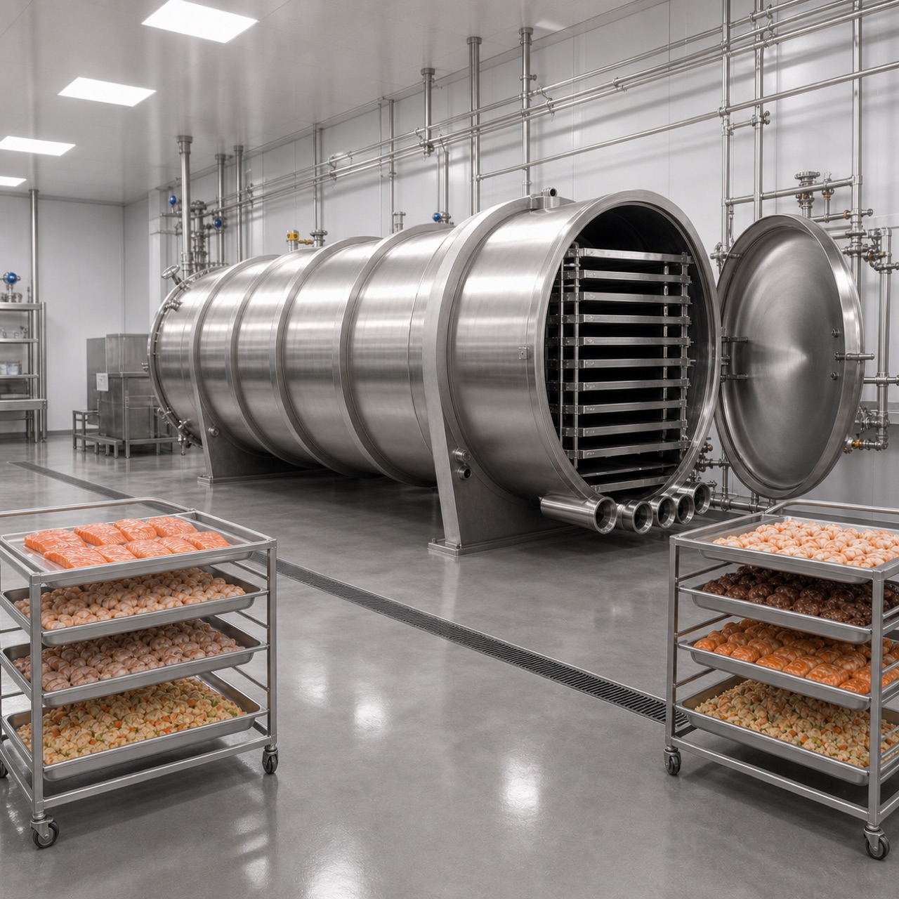 industrial seafood freeze dryer with salmon shrimp and ready meal loading carts