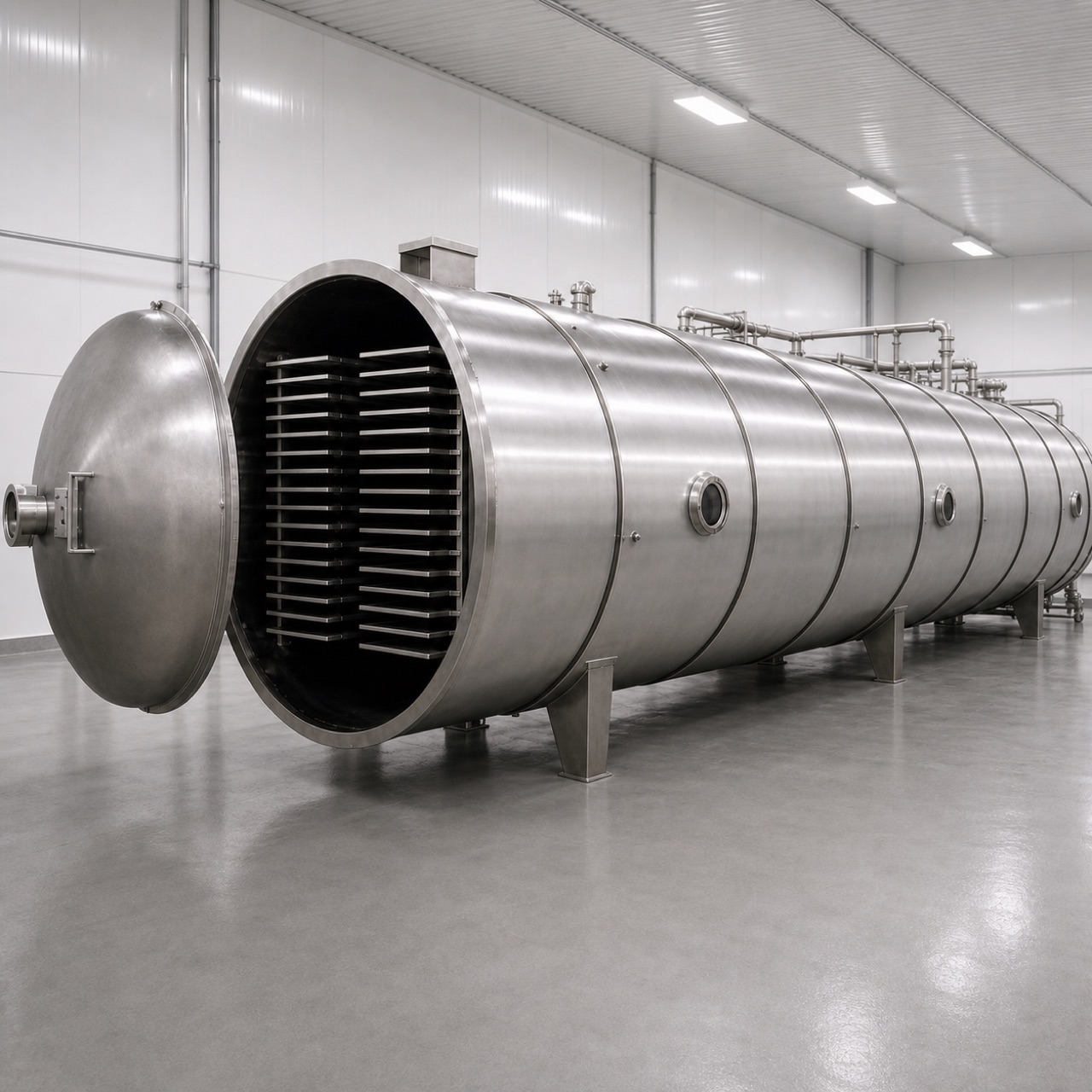 large cylindrical industrial food freeze dryer in a production room