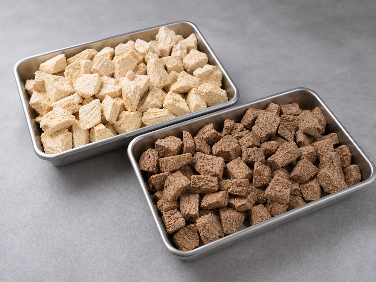 finished freeze-dried chicken and beef pet treat pieces in stainless steel trays