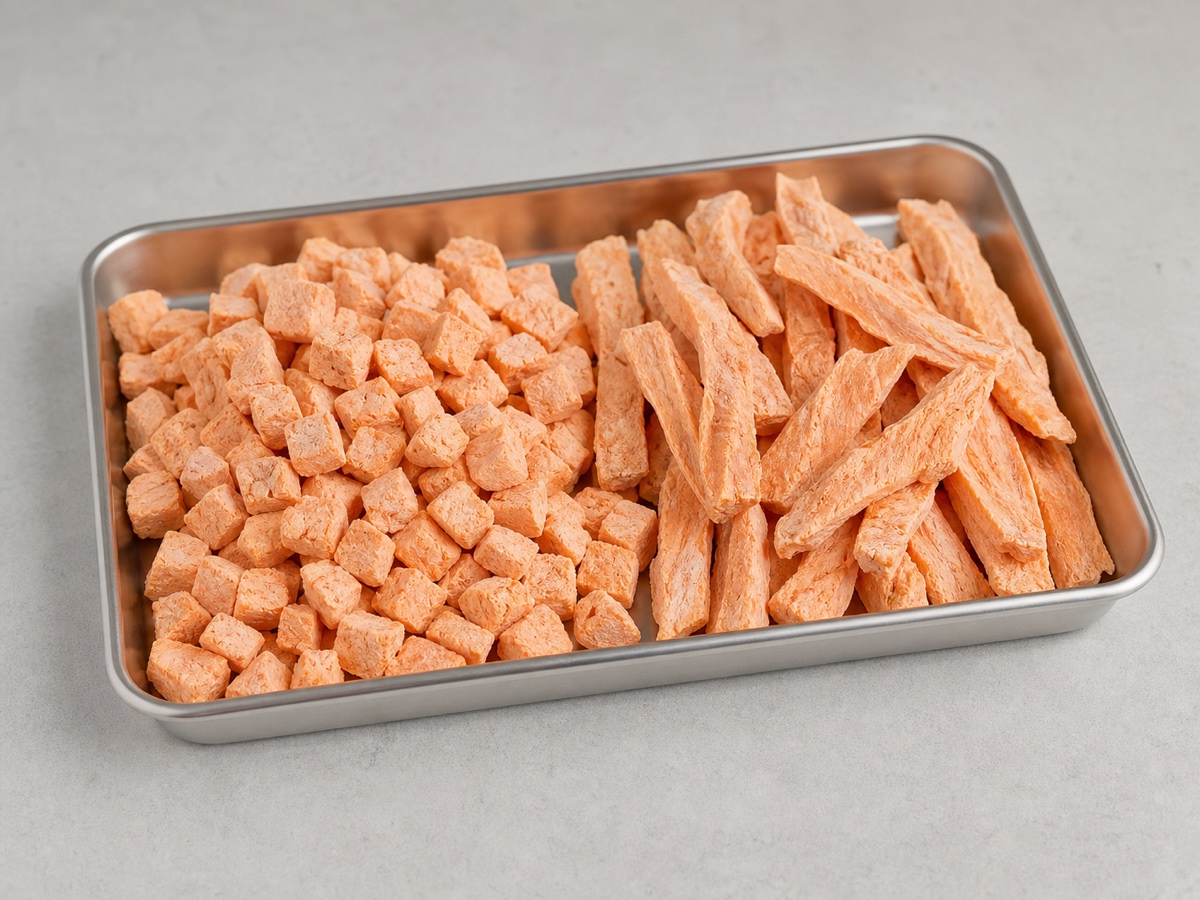 finished freeze-dried salmon cubes and strips with a dry porous texture