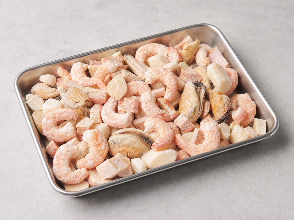 finished freeze-dried shrimp and mixed seafood pieces with a matte dry surface