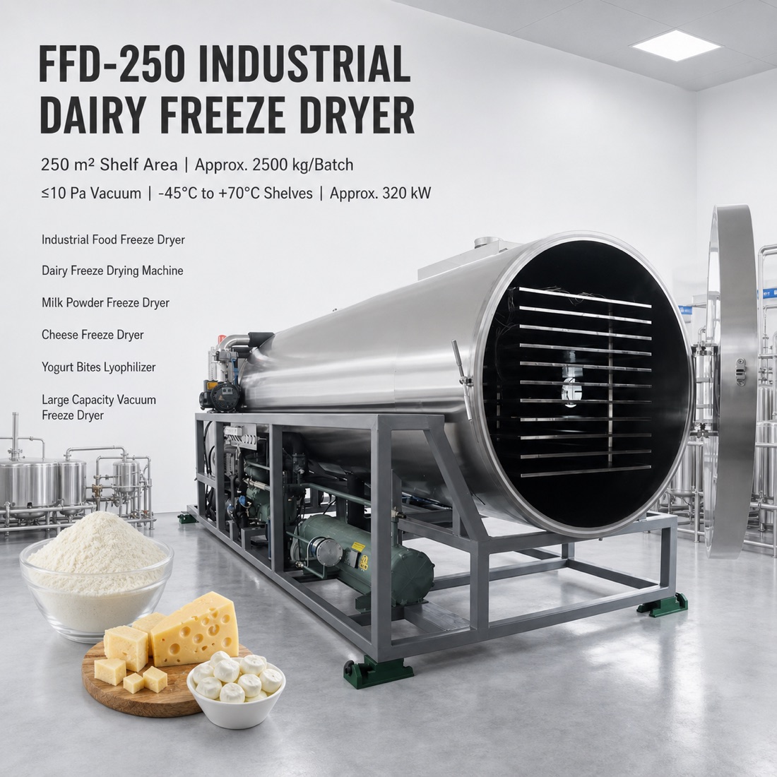 SJ-FFD-250 industrial dairy freeze dryer and large-capacity lyophilizer（配置與應用參考 1）