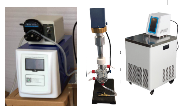 SJ equipment reference showing an ultrasonic generator, probe in a jacketed glass flow cell, peristaltic pump and circulation bath